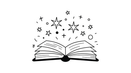 Open Book with Magic Stars Doodle Style Illustration