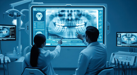 Dentist analyses a tooth X-ray holographic film. The concept of dental care, diagnostics, and precision in oral health treatment with modern technology. Generative AI.