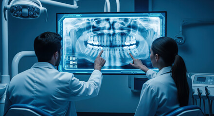 Dentist analyses a tooth X-ray holographic film. The concept of dental care, diagnostics, and precision in oral health treatment with modern technology. Generative AI.