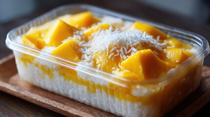 sweet mango sticky rice in plastic box with coconut cream