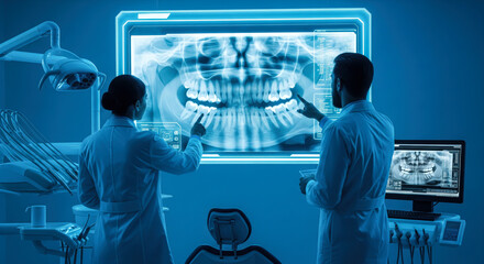 Dentist analyses a tooth X-ray holographic film. The concept of dental care, diagnostics, and precision in oral health treatment with modern technology. Generative AI.
