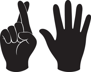 Obraz premium Two black hand silhouettes showing fingers crossed and open palm gesture silhouette