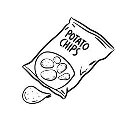 Hand Drawn Potato Chips Bag Snack Food Illustration Black and White
