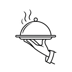 Elegant hand holding a covered platter with steam line art