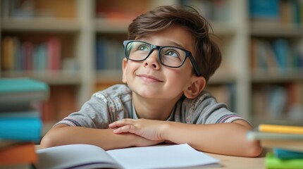 A playful boy with glasses sits at a table, his gaze turned upward, encircled by brightly colored school books reflecting a lively learning mood.