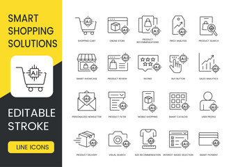 A set of vector icons representing AI-powered smart shopping, online retail personalization, and intelligent e-commerce solutions, created in line style with editable stroke