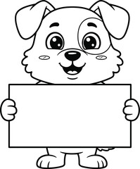 Delightful Cartoon Puppy Dog Character in Black and White Holding a Blank Signboard, Ready for Coloring Activities or Personalized Messages and Announcements for Kids.