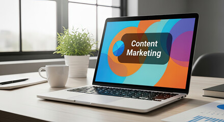 Fototapeta premium Content Marketing Strategy on Laptop Screen: Business Growth, Digital Media, and Online Success with Modern Workspace and Data Analysis Tools
