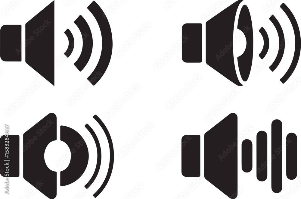 Poster four different volume icons representing sound levels in a clean silhouette style