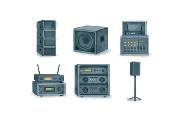 Audio equipment icons: speakers, subwoofer, mixer, antennas, amplifiers, monitor