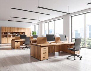 Modern office interior with wooden desks and chairs in a bright open space with large  