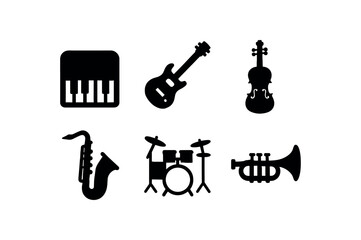 Musical instruments set: piano, guitar, violin, saxophone, drums, trumpet