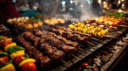 kewered meat and vegetables grilling over charcoal at food fair