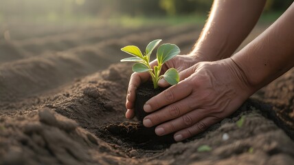 Fototapeta premium A photograph showcasing a pair of weathered hands gently planting small, vibrant green seedlings int