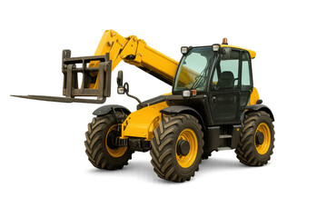 Naklejka premium A bright yellow forklift showcases industrial strength, ideal for lifting heavy materials in construction and warehouse environments.