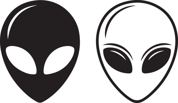 Iconic alien head symbols in black and white silhouette style