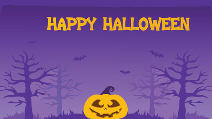 Happy halloween scene with pumpkin, bats, and trees in a spooky purple and orange color scheme design