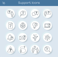 Set of help and support icons in flat style. Includes computer, phone, message, user, and question mark symbols. Perfect for customer service, technical support, apps, and business design. Vector