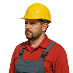 A construction worker wearing a yellow hard hat and red shirt, focused on safety and professionalism on the job site.