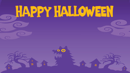 Happy halloween scene with a wolf silhouette houses trees and clouds on a purple background illustration