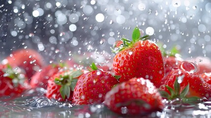 Pile of juicy strawberries under water drops image closeup. Tasty healthy berries in splashing liquid close-up photography. Vegan dessert in liquid concept photo realistic