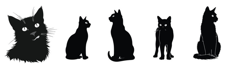 Black Cat Silhouette Vector Collection, Set of 5 high-quality black cat vector silhouettes in various poses for logo, t-shirt, sticker, pet branding, wall art