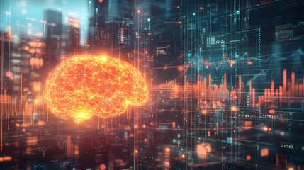 Obraz premium Illuminated brain graphic overlaid on a digital cityscape background.