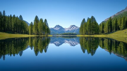 Symmetry in nature, with a calm lake reflecting trees and clear blue skies