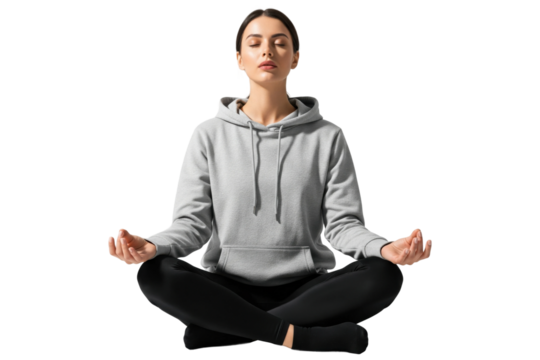 Peaceful Woman in Hoodie Meditating in Lotus Position