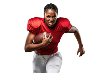 Intense Female American Football Player Running with Ball