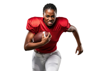 Intense Female American Football Player Running with Ball