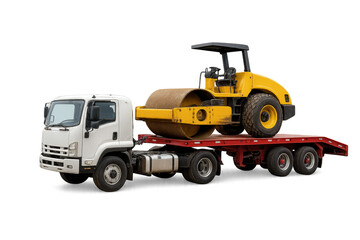 Fototapeta premium A flatbed truck carrying a large yellow roller machine, perfect for construction and heavy-duty transport projects.