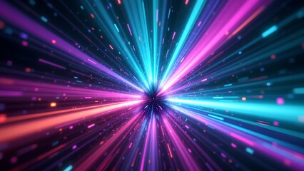 Obraz premium A dynamic abstract image of vibrant neon light beams radiating outward, creating a tunnel-like effect with bright pink, purple, and blue hues.