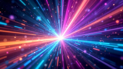 Naklejka premium A vibrant digital explosion of neon blue, purple, and orange light beams radiate from a bright central point against a dark background.