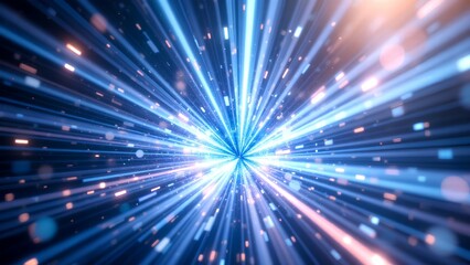 Naklejka premium A dynamic blue light burst radiates from the center, with streaks of light and glowing particles creating a futuristic, high-energy visual effect.