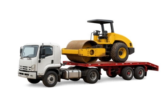 A flatbed truck carrying a large yellow roller machine, perfect for construction and heavy-duty transport projects.