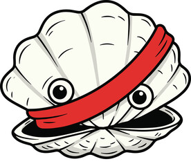 Intriguing Cartoon Seashell Character with Large Eyes and a Bold Red Headband, Portraying a Quirky Marine Life Mascot or a Playful Seafood Emblem Illustration.