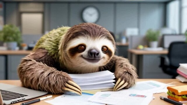 A sleepy sloth dozing off at an office desk, embodying exhaustion and workplace burnout in a humorous and adorable way, perfect for lazy day