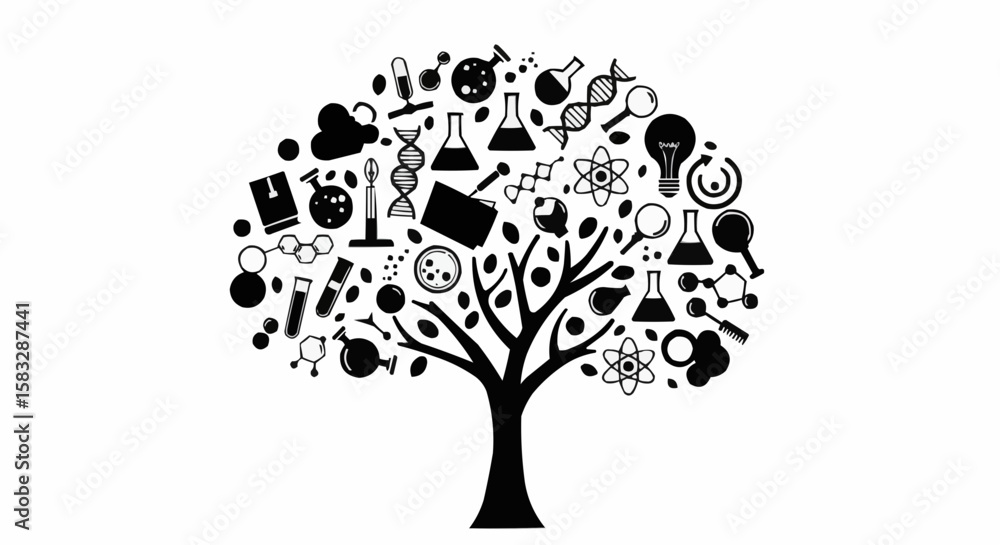 Poster a tree with branches forming science related icons such as dna and flasks in black and white design