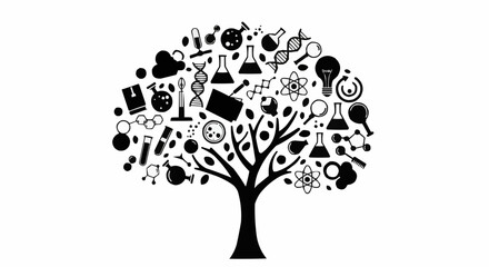 A tree with branches forming science related icons such as dna and flasks in black and white design