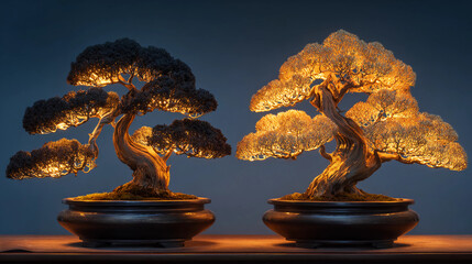 Glowing bonsai trees in black-and-gold contrast
