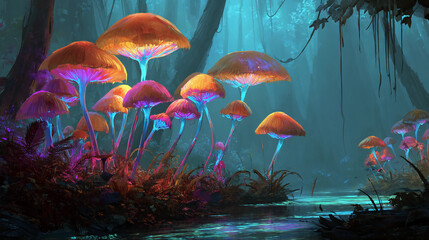 Glowing mushrooms in magical undergrowth
