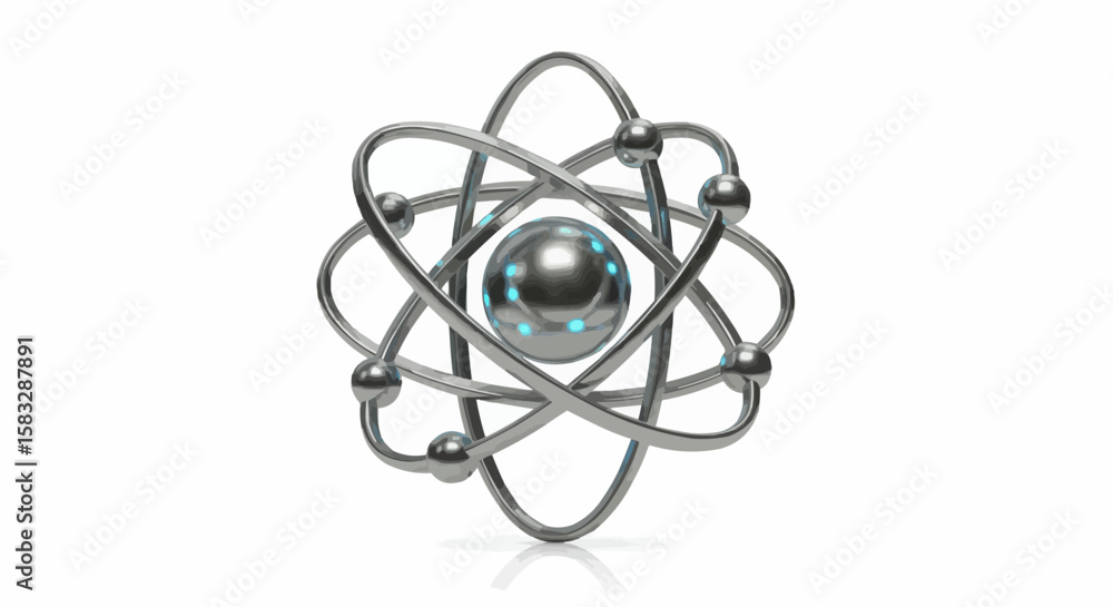 Poster illustration of a shiny atom model with orbiting electrons on a white background in a science concep