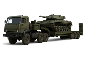 Fototapeta premium A military truck transporting a tank, showcasing robust construction and tactical design for heavy-duty operations.