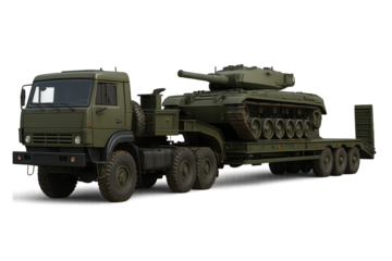 A military truck transporting a tank, showcasing robust construction and tactical design for heavy-duty operations.