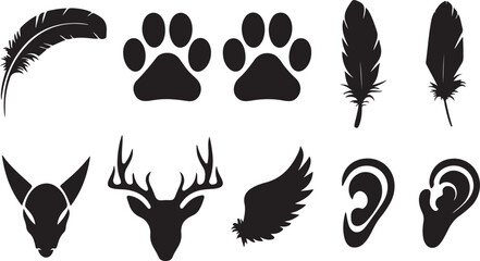Collection of animal and nature inspired black silhouettes including feathers paw prints ears and animal heads silhouette