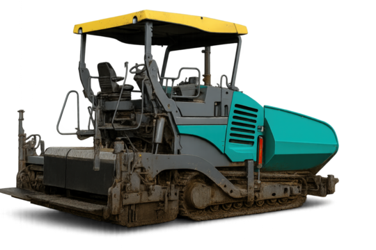 A modern asphalt paver with a vibrant yellow and teal design, showcasing machinery used in road construction and maintenance.