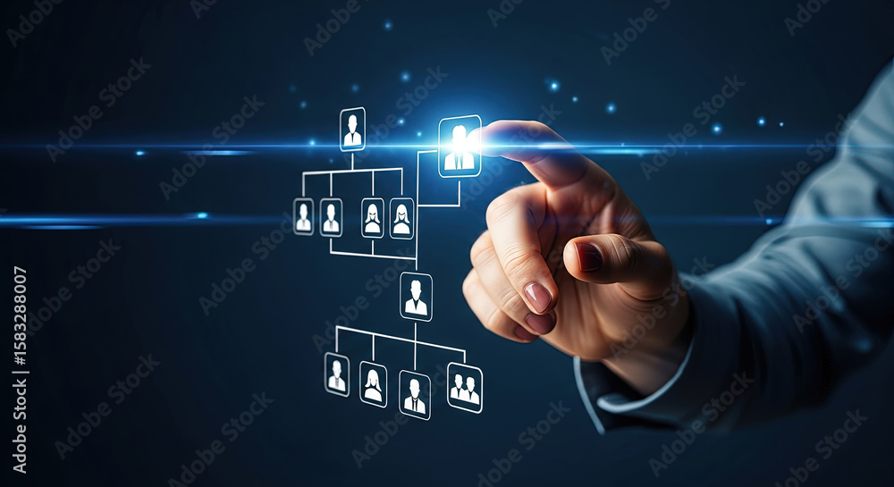Aufkleber organizational chart touchscreen interface: hand interacting with digital hierarchy for business str
