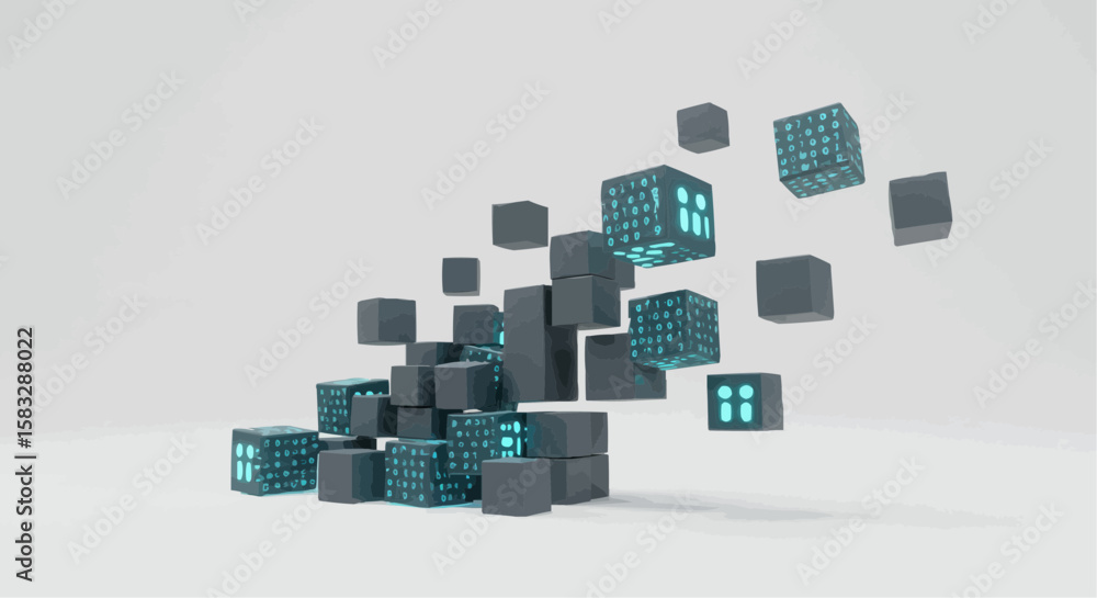 Poster floating gray cubes with binary code and glowing edges on a white background in a modern design