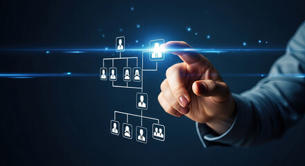 Organizational Chart Touchscreen Interface: Hand Interacting with Digital Hierarchy for Business Structure, Team Management, and Leadership Concept
